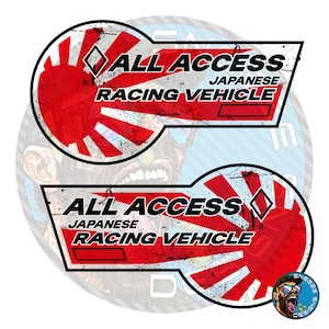 May include: Two red, white, and black stickers with a Japanese flag design. The stickers say "All Access Japanese Racing Vehicle".