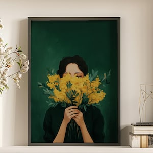 Emerald Green Abstract People Art, Woman With Flowers Minimal Japandi Female Abstract Painting, Digital Female Portrait Abstract Painting