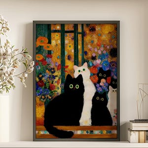 Cat Poster,Funny Cat Art Black Cat in Famous Painting,Black Cat Art,Floral Print,Cat Lover Wall Art,Cat Lover Home Decor,Funny Gift Poster