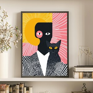 SUN POWER - Illustrazione di una donna con un gatto, stampa artistica digitale, opera d'arte originale, decorazione da parete per la casa, regalo di inaugurazione della casa per le feste