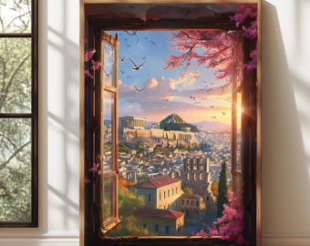 Open Window Canvas with Acropolis View, Greek City Wall Art, Fake Window Canvas, Athens Summer Home Decor,Gift Idea For Her