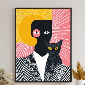 SUN POWER - Frau mit Katze Illustration,Digitaler Kunstdruck,Original Kunstwerk,Wanddekoration,Einweihungsparty Geschenk