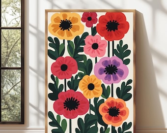 Colorful Poppies Printable Art Maximalist Decor, Horizontal Poster Mothers Day Pink & Green Floral Poster, Bright Colourful Art Print