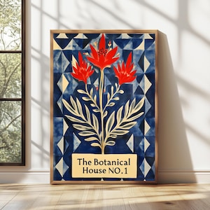 La Casa Botánica, Arte Azul Extravagante Dibujado a Mano, Impresión Floral Azul Dibujada a Mano, Arte Colorido, Impresión Artística Brillante y Colorida, Galería de Plantas en la Pared