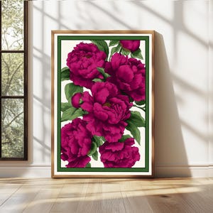 Impressão de peônias rosa, arte moderna de peônias coloridas, pôster de flores abstratas de verão, impressão de arte colorida brilhante, arte de parede grande para impressão