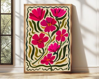 Floral Walle Arte,Colourful Quirky Handrawn Art,Peonies,Colourful Art,Bright Colourful Art Print,Modern  Print,Gallery Wall,Bathroom