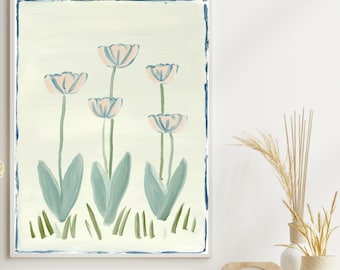 Blue & Green Tulip Floral Wall Art,Floral Bright Colored Print,Grandmillennial Digital Download,Elegant Preppy Chinoiserie Decor