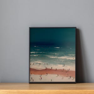 Tiny People Swimming In Ocean Print, Bright  Art Print，Summer Poster, Beach House Decor, Minimalist Printable Wall Art