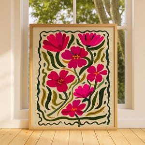 Summer Peony Wall Art,Quirky Hand Drawn Botanical Print,Bright Colorful Flower Poster, Modern Gallery Wall Decor for Living Room or Bathroom