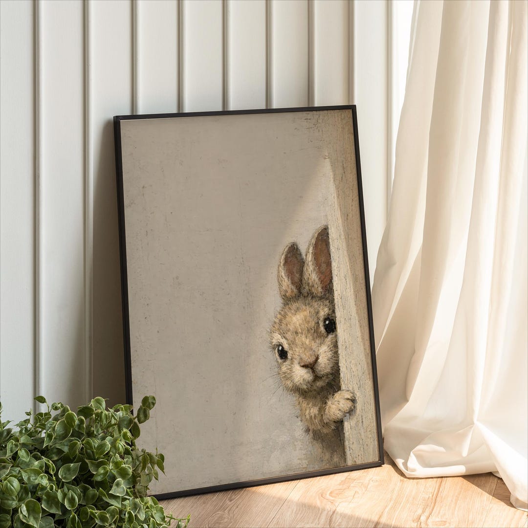 Cute Peeking Rabbit Wall Decor, Easter Bunny Art Print, Rustic Neutral ...