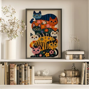 Colorful Cat Wall Decor,Playful Cat Illustration,Maximalist Home Poster,Funny Cat Art Print,Whimsical Floral Artwork,Bright Modern Decor image 6