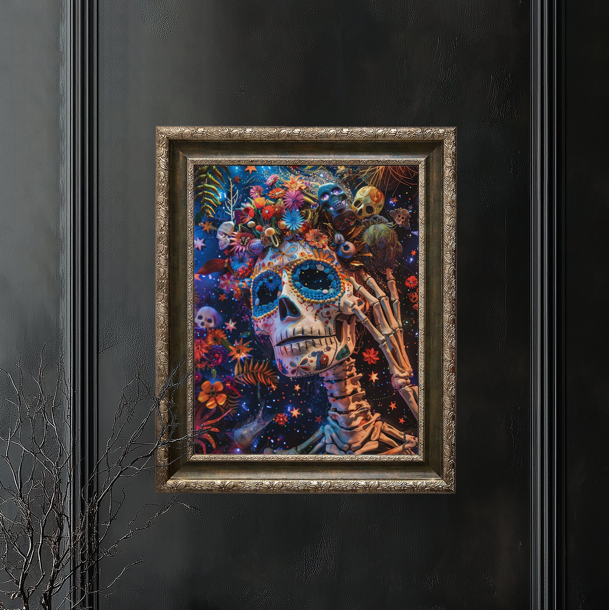 Floral skeleton portrait print, dark academia, Halloween printable, spooky decor, vintage poster, gothic oil painting, flower skull
