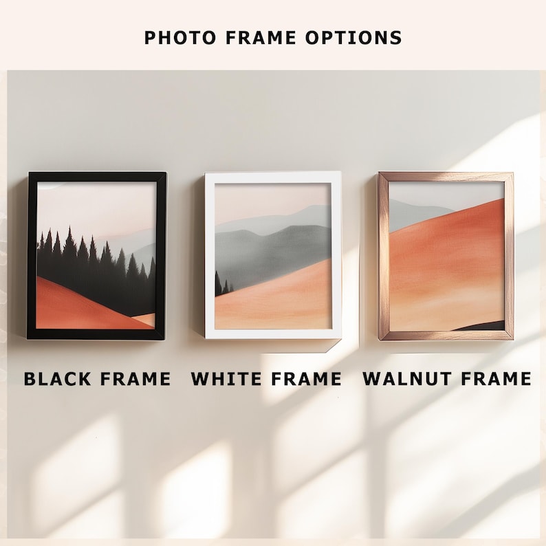 Pu&ograve; includere: Tre stampe artistiche incorniciate con scene di paesaggi. Le cornici sono nere, bianche e noce. Il testo "PHOTO FRAME OPTIONS" &egrave; in alto e i testi "BLACK FRAME", "WHITE FRAME" e "WALNUT FRAME" sono in basso.