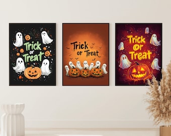 Set of 3 Trick Or Treat Printable Art Print, Halloween Quote Home Decor, Autumn Wall Art, Halloween Party Instant Download