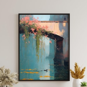 Monet Style Pastel Oil Painting Print,French Country Wall Decor,Pink Floral Impressionist Print,Vintage Water Lily Print,French Cottage