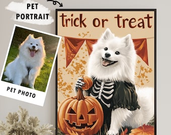 Custom Pet Portrait Poster, Personalized Halloween Dog Portrait, Trick Or Treat Print Poster, Trendy Wall Art, Halloween Wall Decor