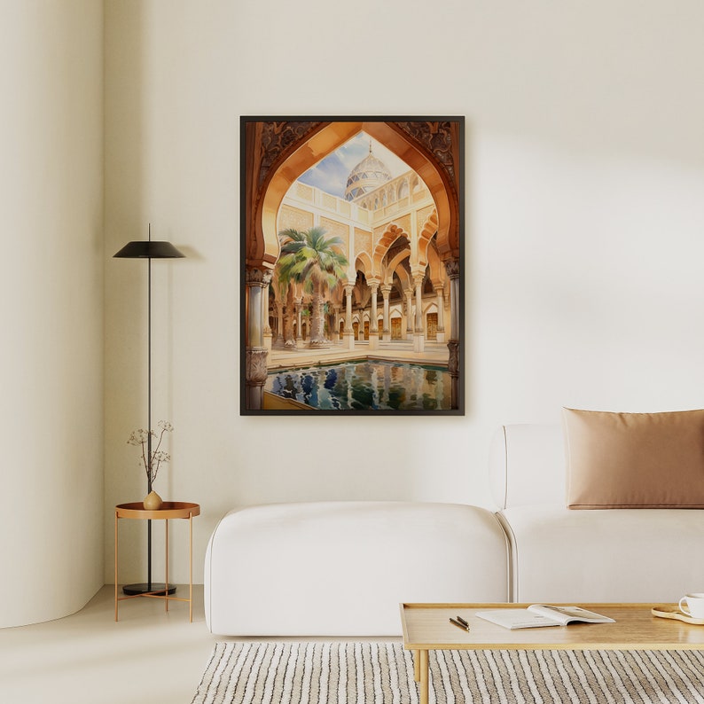 May include: A framed watercolour painting depicting a courtyard with a reflecting pool. The courtyard is surrounded by arches and columns, and a palm tree grows in the centre. The sky is visible through the arches, and the dome of a building can be seen in the distance.