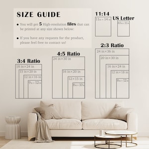 May include: A size guide for printable files, showing different aspect ratios and corresponding dimensions in inches. The guide includes 3:4, 4:5, 2:3, and 11:14 ratios, as well as a US Letter size.