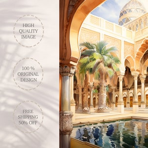 May include: A watercolour painting depicting a courtyard with a palm tree at its centre. The courtyard is enclosed by arches and columns, and a pool of water sits in the middle. The painting is rendered in a warm colour palette, featuring hues of orange, yellow, and brown.
