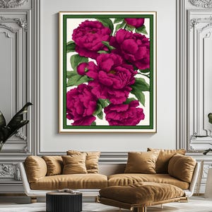 May include: A framed print of a floral arrangement featuring pink peonies with green leaves on a white background.