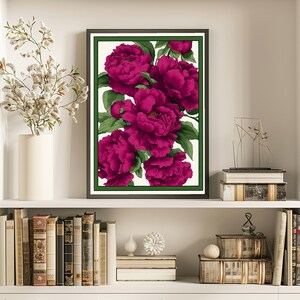 May include: A framed print of a bouquet of pink peonies with green leaves on a white background.
