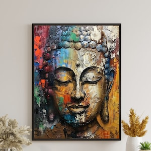 Arte de la pared del budismo, arte de la pared del lienzo de Buda, pintura abstracta del retrato de Buda, pintura al óleo textura Buda, impresión de lienzo de meditación de Buda