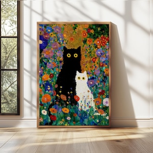 Gustav Klimt tuinkat print, Klimt bloemen kat poster, zwarte kat kunst, kunst aan de muur grappige kat, kattenliefhebber cadeau, grillige woondecoratie