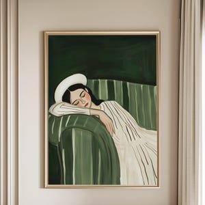 Emerald Green Abstract People Large Wall Art Contemporary Artwork Minimalist Print Living Room Wall Art Stripe Woman Print Digital Download