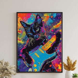 Póster imprimible de elementos Y2k, arte mural maximalista, gato tocando la guitarra, póster divertido de gato negro, póster de moda animal, ilustración de gatito lindo