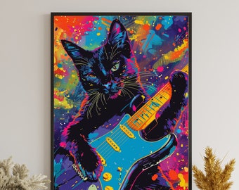 Y2k Element Printable Poster, Maximalist Wall Art, Cat Playing Guitar, Fun Black Cat Poster, Animal Trendy Poster, Cute Kitten Illustration