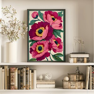 Pink Peonies Print,Modern Colorful Peony Art,Abstract Summer Flowers Poster,Bright Colourful Art Print,Large Printable Wall Art image 3