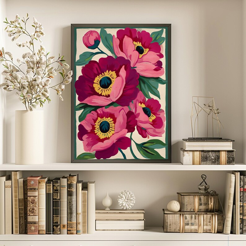 Pink Peonies Print,Modern Colorful Peony Art,Abstract Summer Flowers Poster,Bright Colourful Art Print,Large Printable Wall Art image 3