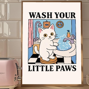 Impresión de gato "Lávate las patas", bonito póster para el baño, pósteres infantiles para lavar platos, póster kawaii, regalo único para mascotas
