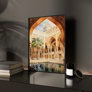 May include: A framed print of a watercolour painting depicting an ornate courtyard with a reflecting pool. The courtyard is surrounded by arches and columns, and a domed building is visible in the background.