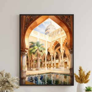 May include: A watercolour painting of a courtyard with a reflecting pool in the centre. The courtyard is surrounded by arches and columns, and there is a dome in the background. The painting is framed in black.