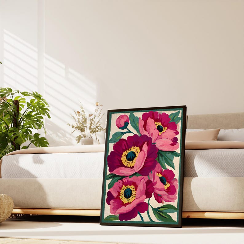 Pink Peonies Print,Modern Colorful Peony Art,Abstract Summer Flowers Poster,Bright Colourful Art Print,Large Printable Wall Art image 4