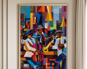 Woondecoratie in New Orleans-stijl, abstracte afdrukbare New Orleans Jazz, jazzblues kleurrijke eclectische levendige print, print digitale download