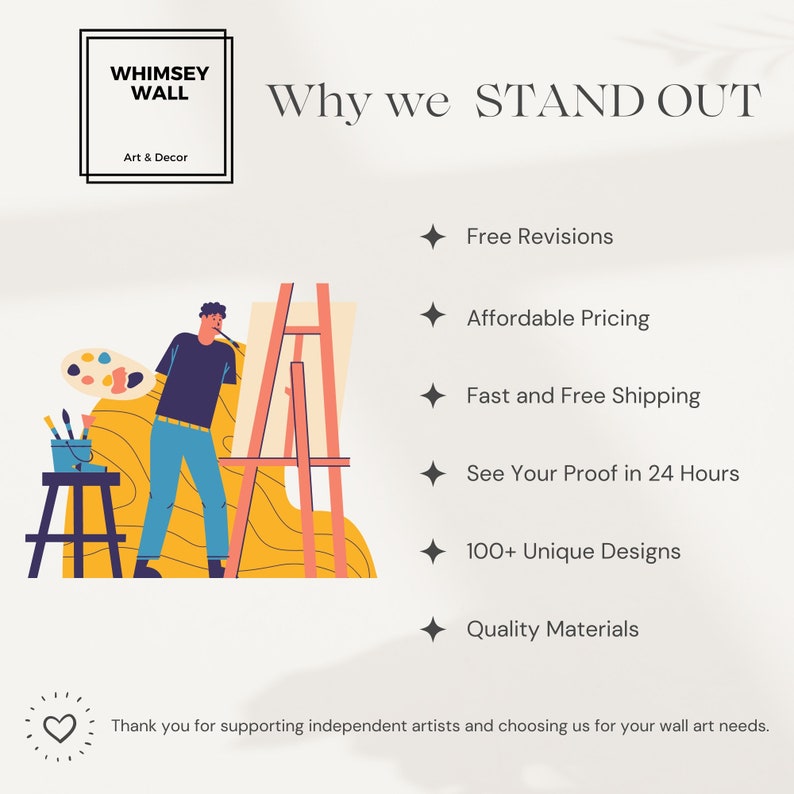 May include: An illustration of an artist painting on a canvas easel. The text "Why we STAND OUT" is displayed above a list of reasons why this company stands out, including free revisions, affordable pricing, fast and free shipping, seeing your proof in 24 hours, 100+ unique designs, and quality materials. The text "Thank you for supporting independent artists and choosing us for your wall art needs." is displayed at the bottom of the image.