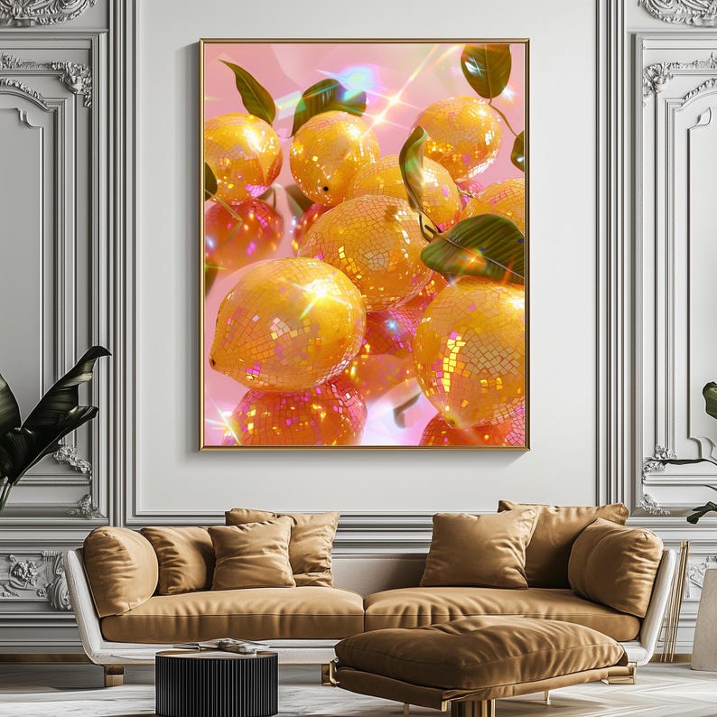 Pu&ograve; includere: Un'opera d'arte incorniciata con un gruppo di limoni scintillanti. I limoni sono di un giallo-arancio brillante, ricoperti di tessere a mosaico riflettenti, con foglie verdi. Lo sfondo &egrave; rosa tenue con riflessi di luce.