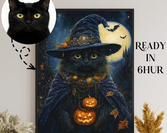Custom Halloween Pet Portrait,Funny Pet Cartoon From Photo,Personalized Dog or Cat Poster, Halloween Decor,Unique Halloween Wall Art Gift