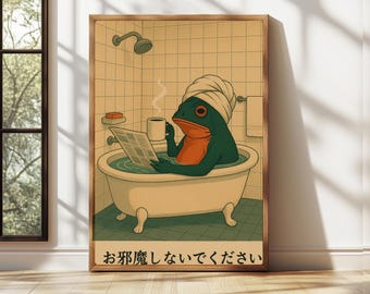 Lámina artística de rana japonesa, divertida decoración de pared para el baño, póster de rana leyendo el periódico, arte de pared original, estilo Hasui Kawase, decoración japonesa retro