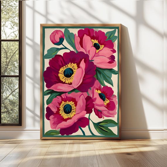 Pink Peonies Print,Modern Colorful Peony Art,Abstract Summer Flowers Poster,Bright Colourful Art Print,Large Printable Wall Art