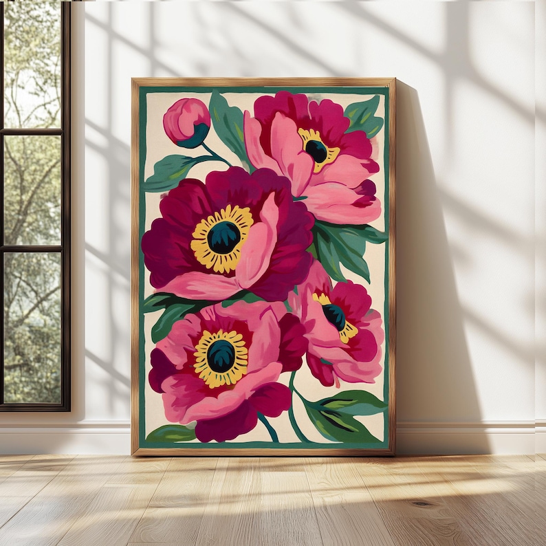 Pink Peonies Print,Modern Colorful Peony Art,Abstract Summer Flowers Poster,Bright Colourful Art Print,Large Printable Wall Art image 1