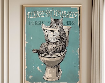 Gray Tabby Cat Sitting On Toilet, Funny Toilet Printable Poster, Bathroom Decor Wall Art,Cat On The Toilet Print ,Funny Cat Wall Art