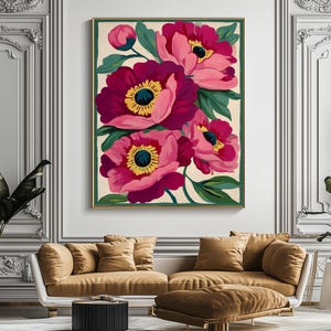 Pink Peonies Print,Modern Colorful Peony Art,Abstract Summer Flowers Poster,Bright Colourful Art Print,Large Printable Wall Art image 6