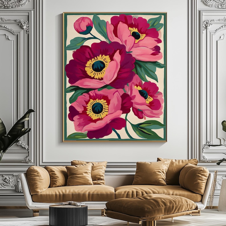 Pink Peonies Print,Modern Colorful Peony Art,Abstract Summer Flowers Poster,Bright Colourful Art Print,Large Printable Wall Art image 6