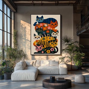 Colorful Cat Wall Decor,Playful Cat Illustration,Maximalist Home Poster,Funny Cat Art Print,Whimsical Floral Artwork,Bright Modern Decor image 8