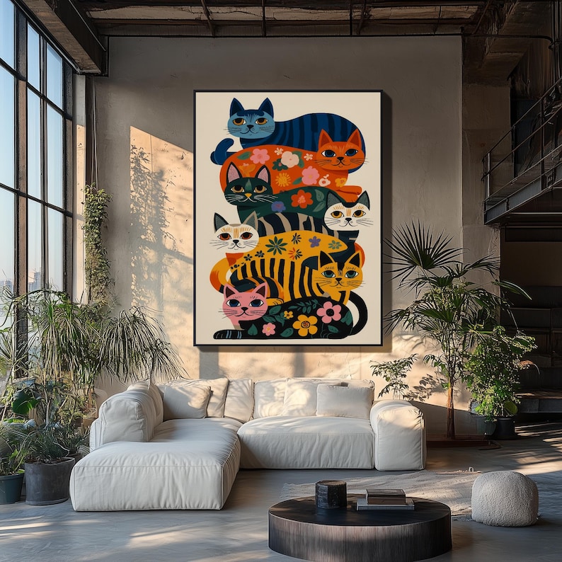 Colorful Cat Wall Decor,Playful Cat Illustration,Maximalist Home Poster,Funny Cat Art Print,Whimsical Floral Artwork,Bright Modern Decor image 8