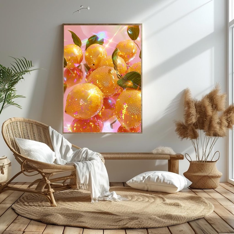 Pu&ograve; includere: Una stampa artistica incorniciata con un gruppo di limoni scintillanti stilizzati con foglie verdi su uno sfondo rosa. I limoni hanno un effetto palla da discoteca, che riflette la luce. L'opera d'arte &egrave; esposta in una stanza con una sedia in vimini e un tappeto rotondo.