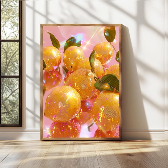 Pink Disco Lemons Art Print,Wall Art Poster,Glam Disco Ball Yellow Lemons,Dopamine Decor,Preppy,Trendy, Kitchen Decor,Artwork Gift for Her